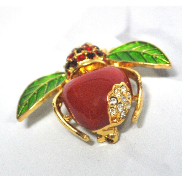 Joan Rivers Red Apple Bee Brooch Pin Pave Crystal Rhinestones Enameled Gold New - Picture 6 of 10